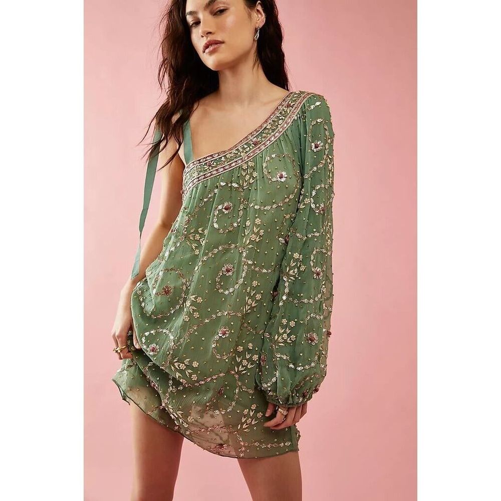 Embroidered One-Shoulder Mini Dress in Sage Green